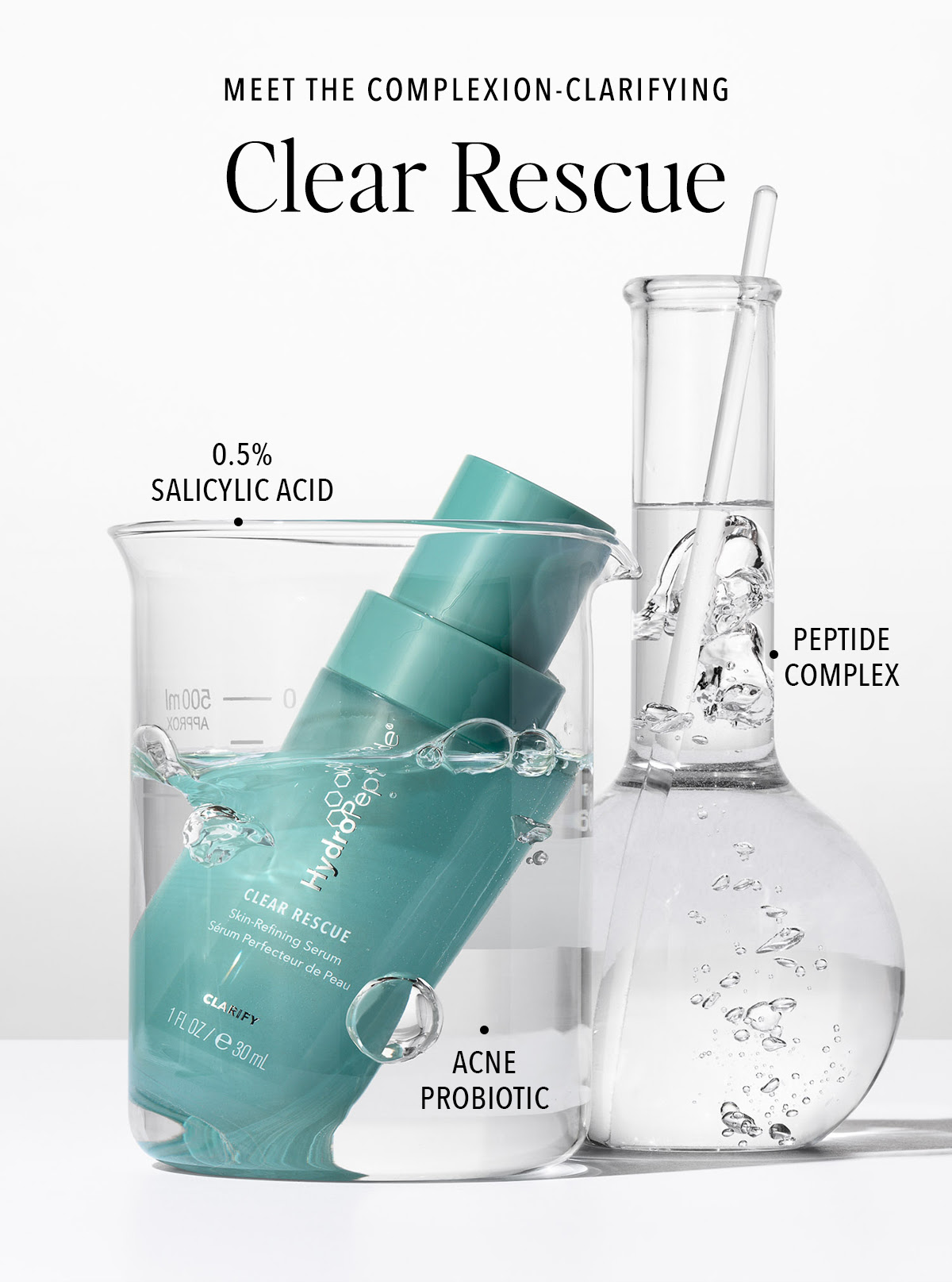 clear rescue serum inside a beaker with the key ingredients listed